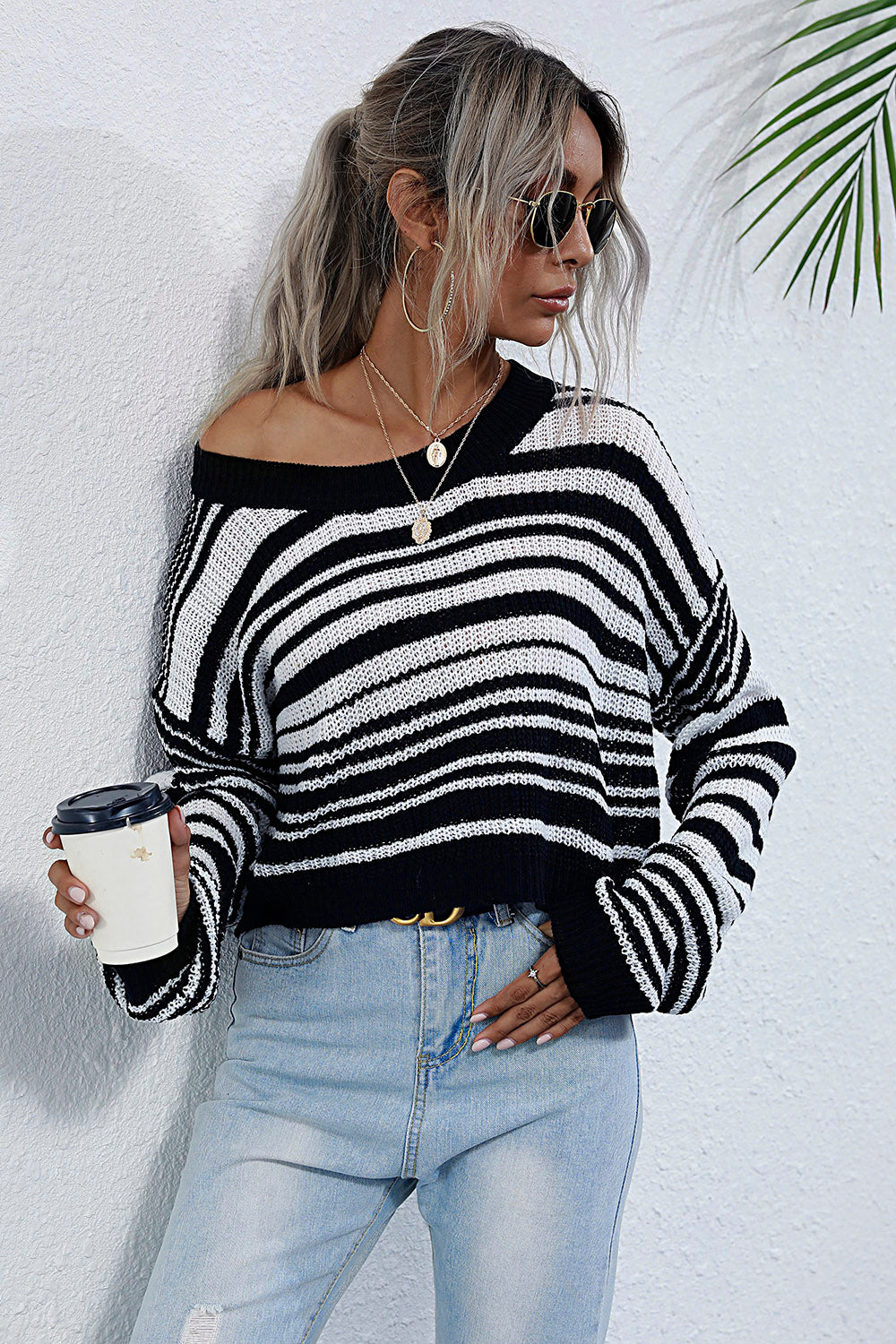 Striped Round Neck Dropped Shoulder Sweater 