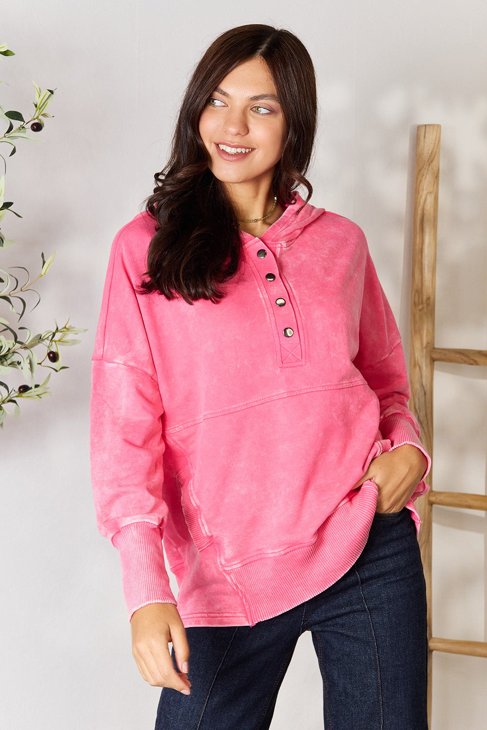 Zenana Half Snap Long Sleeve Hoodie with Pockets 