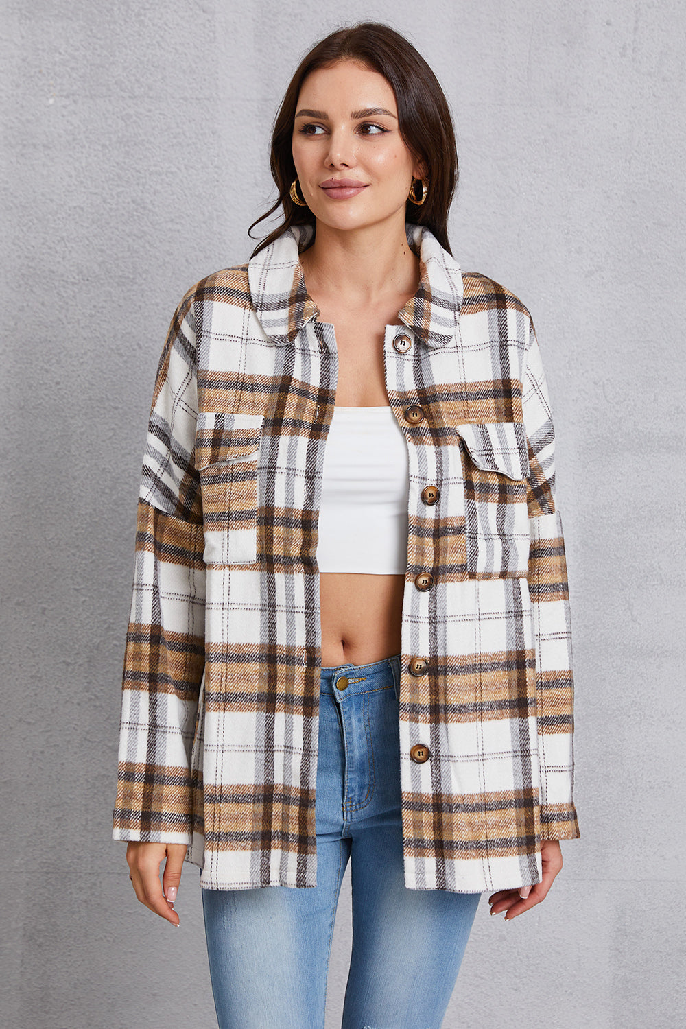 Plaid Button Up Dropped Shoulder Outerwear 