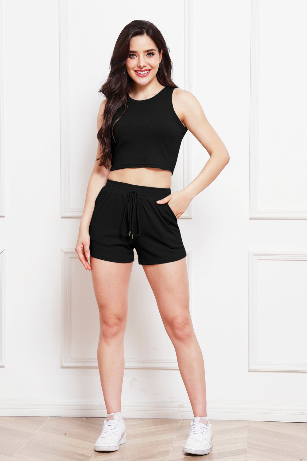 Round Neck Tank and Drawstring Shorts Set - Babbazon