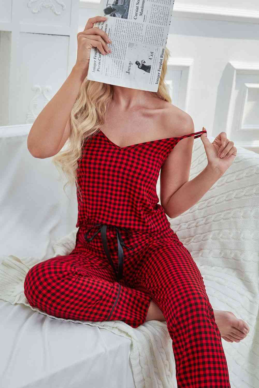 Gingham V-Neck Cami and Tied Pants Lounge Set 