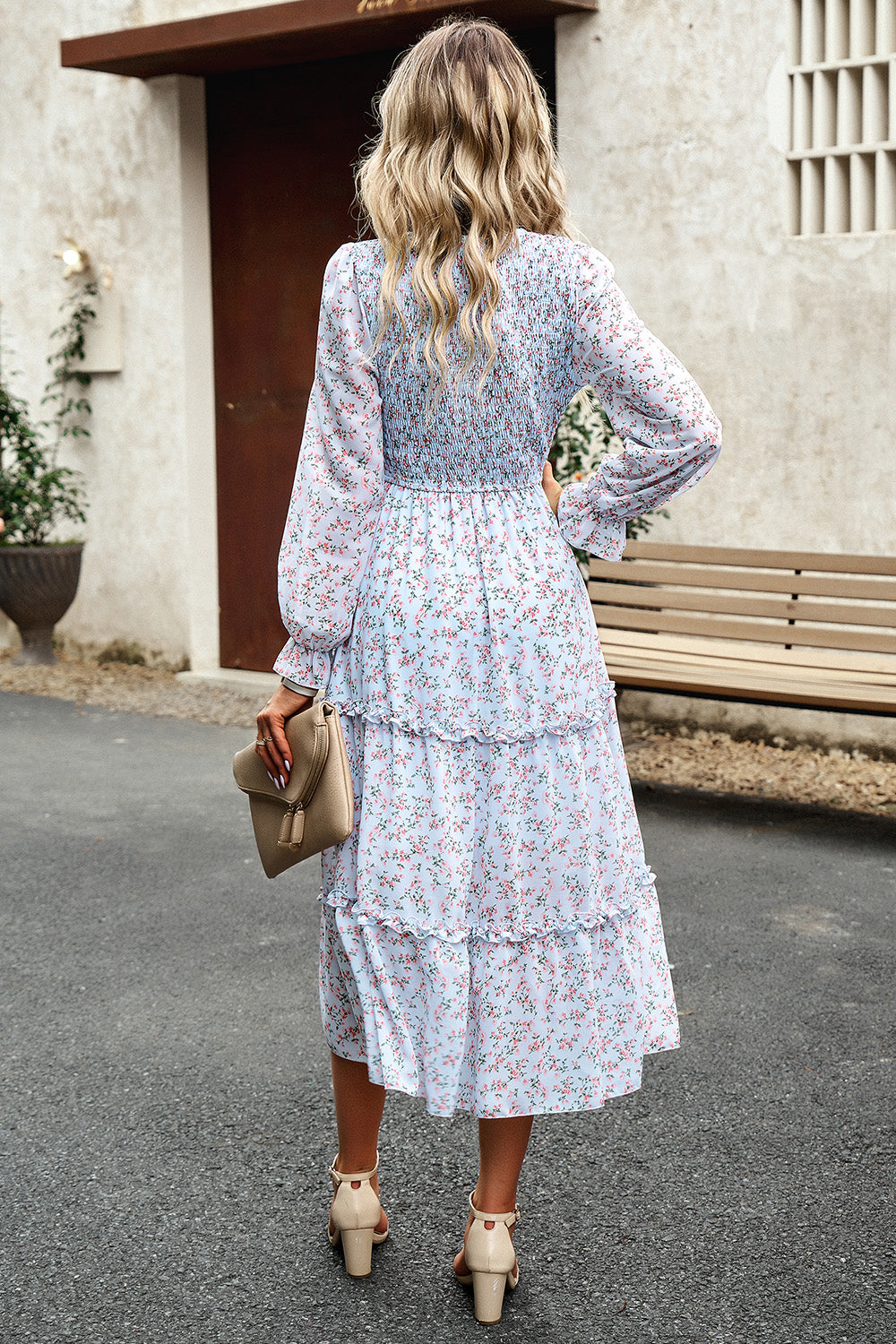 Smocked Flounce Sleeve Midi Dress 