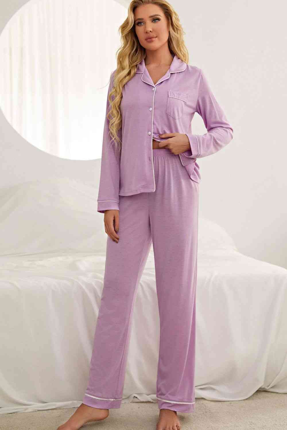 Contrast Piping Button Down Top and Pants Loungewear Set 