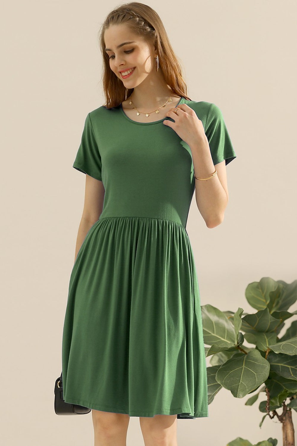 Ninexis Full Size Round Neck Ruched Dress with Pockets - Babbazon Dress