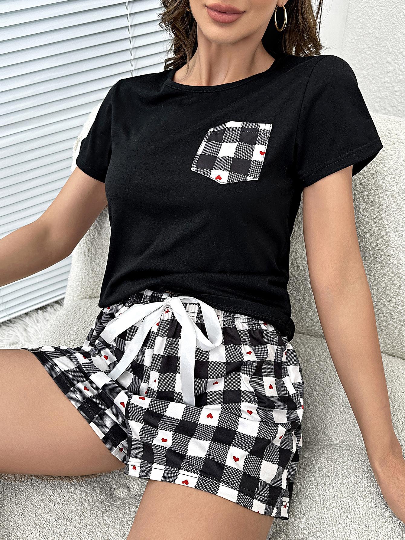 Plaid Heart Top and Shorts Lounge Set 