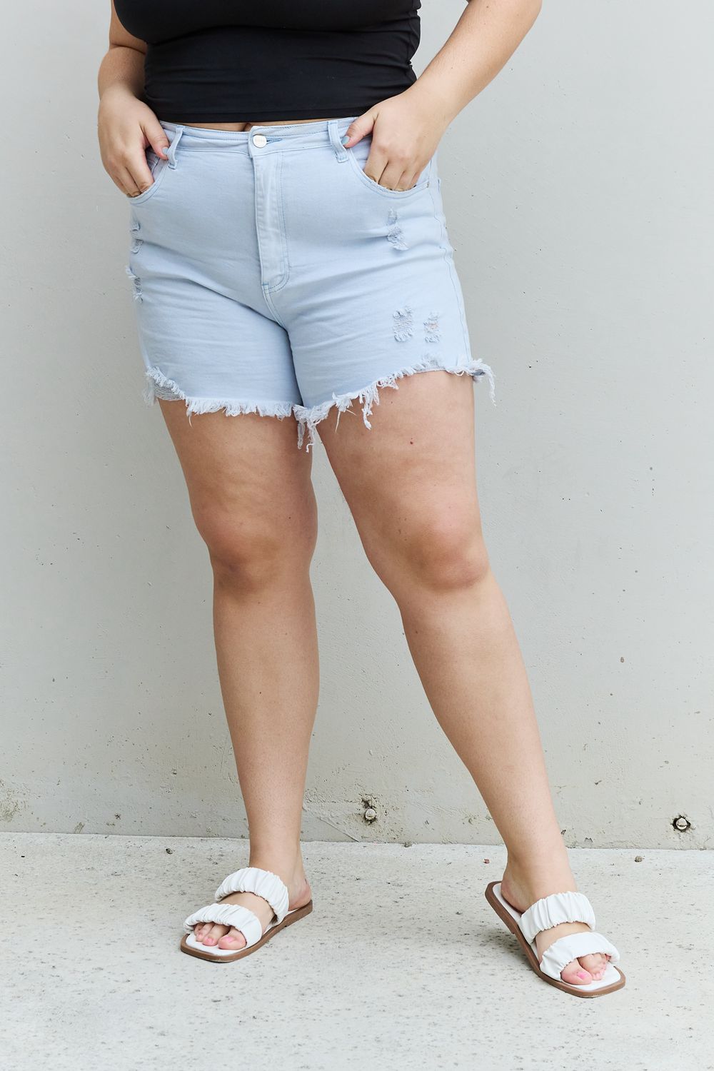 RISEN Katie Full Size High Waisted Distressed Shorts in Ice Blue 