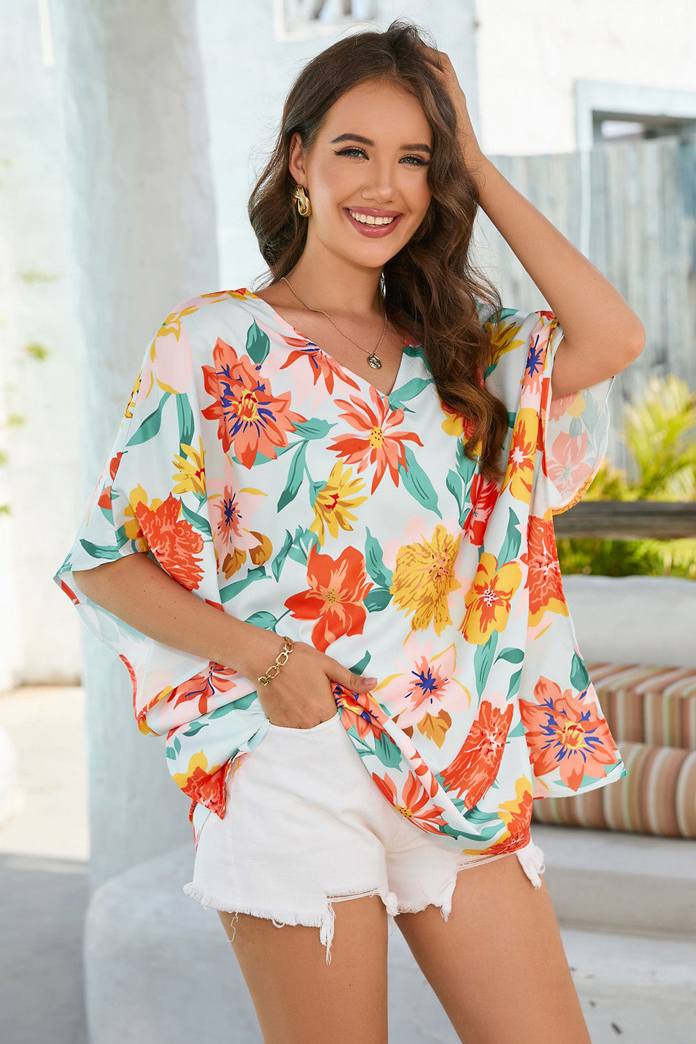 Floral V-Neck Tunic Blouse 