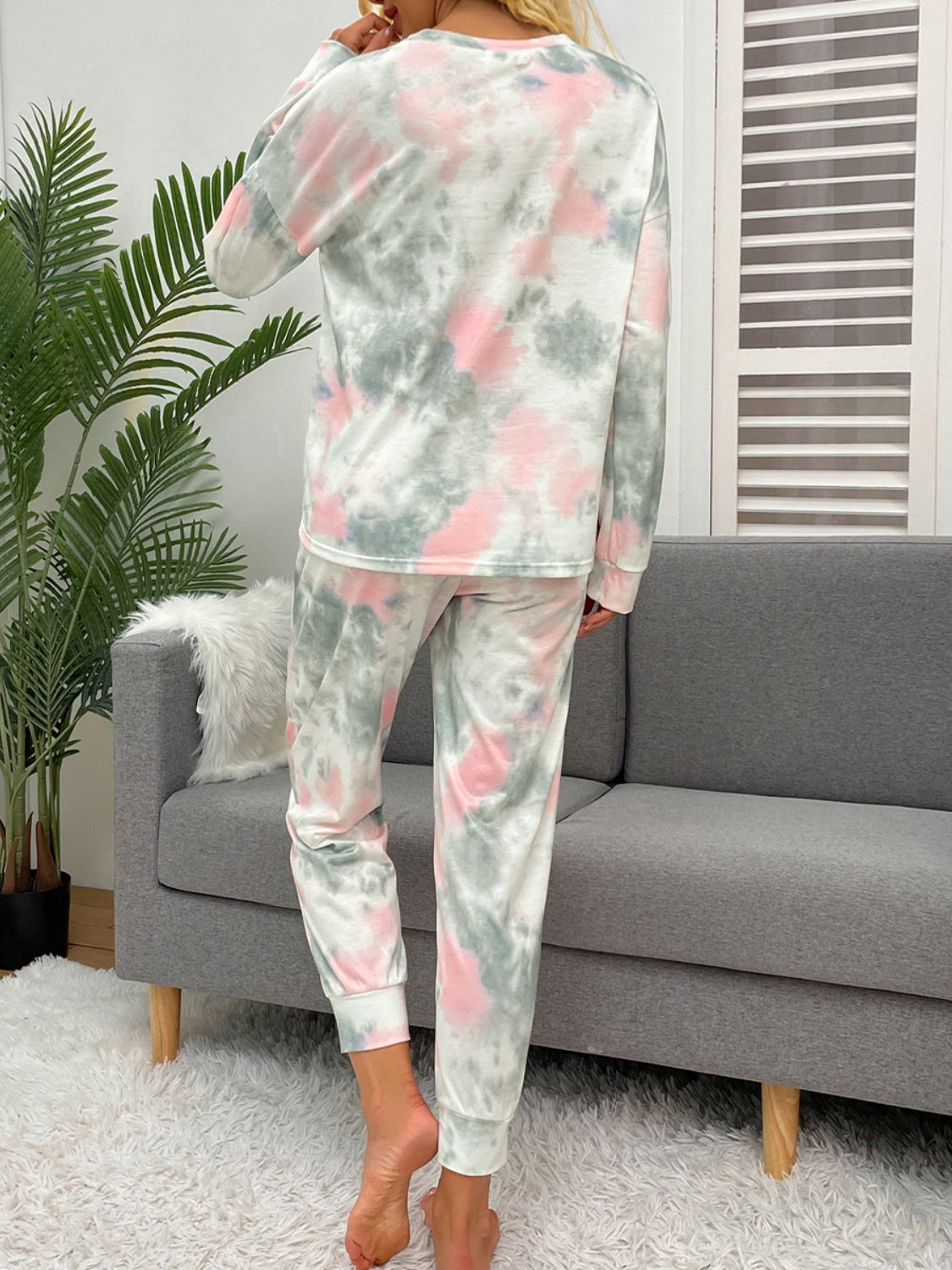 Tie-Dye Round Neck Top and Drawstring Pants Lounge Set 