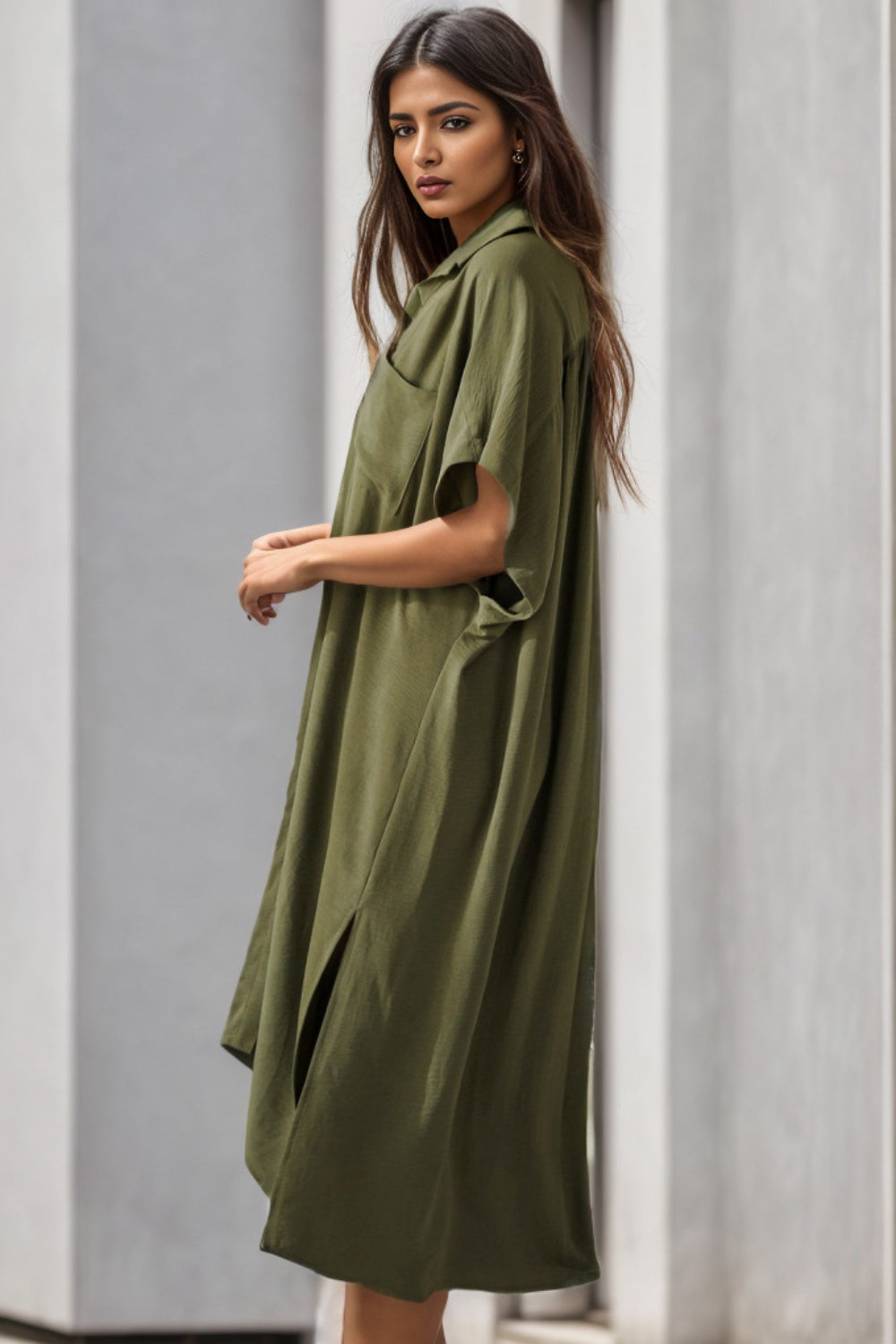 Slit Button Up Half Sleeve Dress 