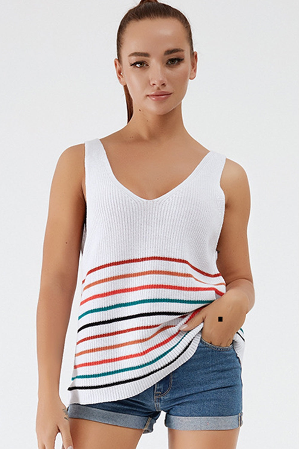 Striped V-Neck Wide Strap Tank 