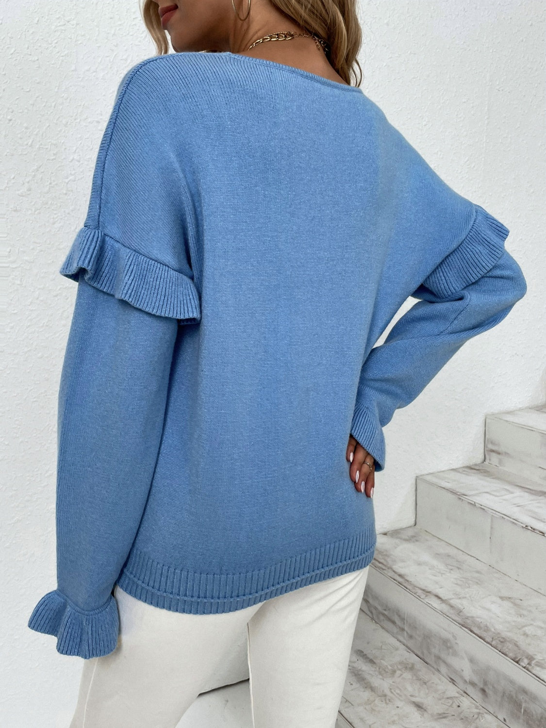 Ruffled V-Neck Dropped Shoulder Sweater 