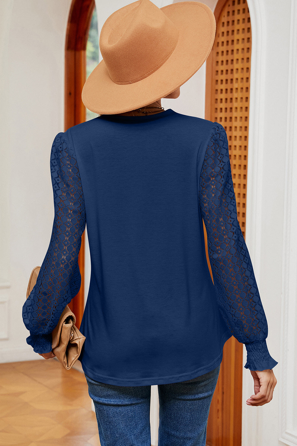 Openwork V-Neck Long Sleeve T-Shirt 