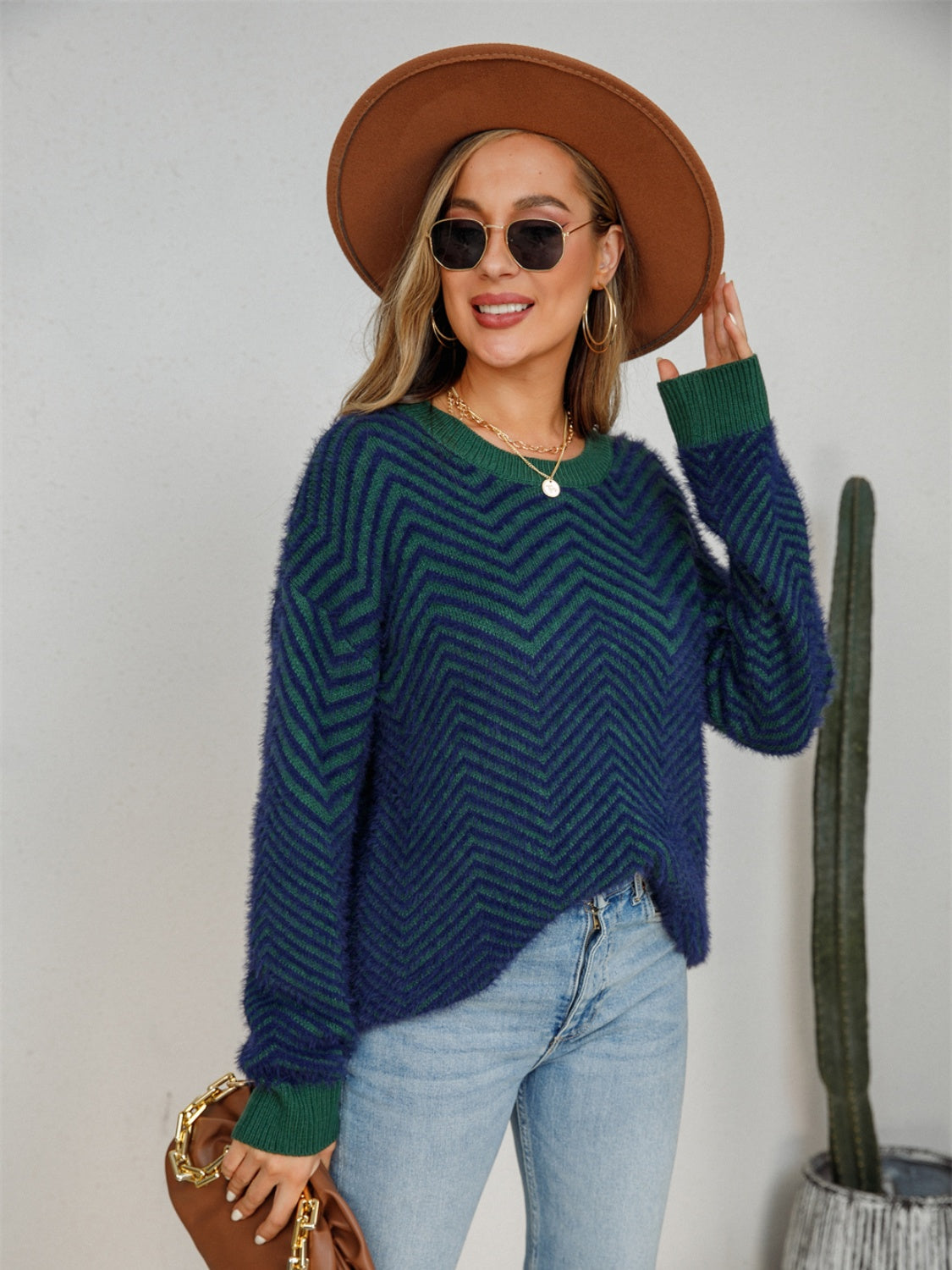 Striped Round Neck Dropped Shoulder Sweater 