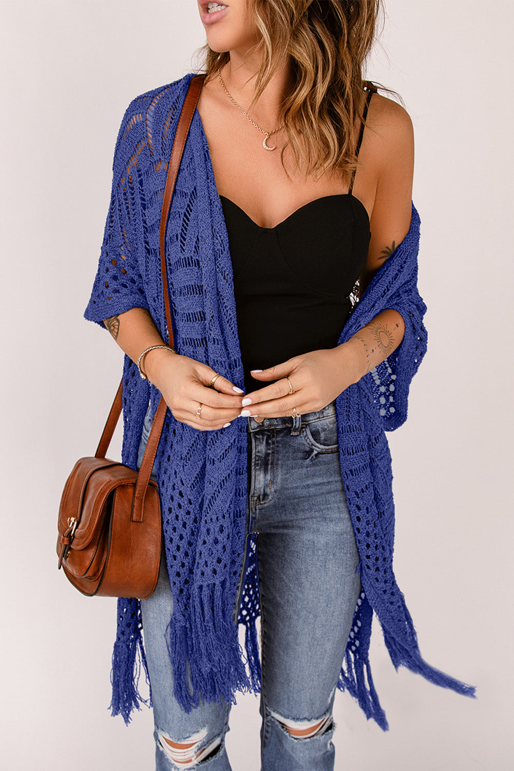 Openwork Open Front Cardigan with Fringes - Babbazon Camisole