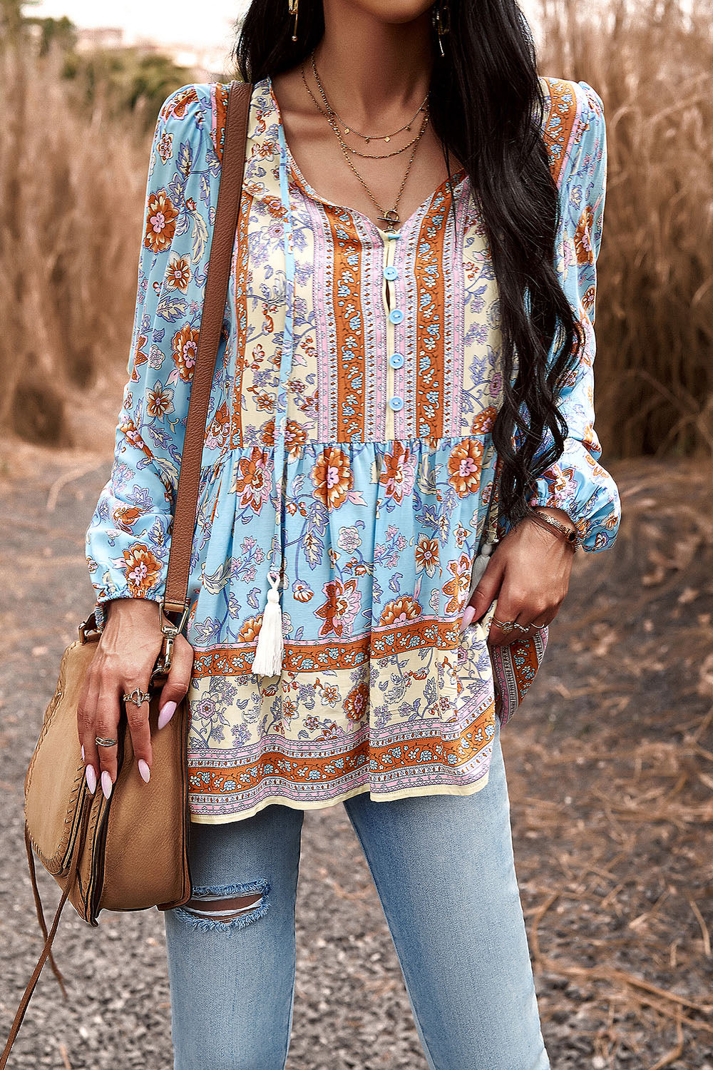 Tassel Tie Long Sleeve Peplum Blouse 