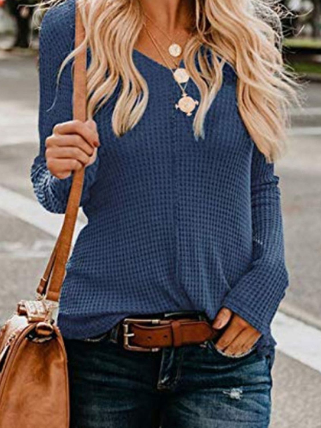 Waffle-Knit V-Neck Top 