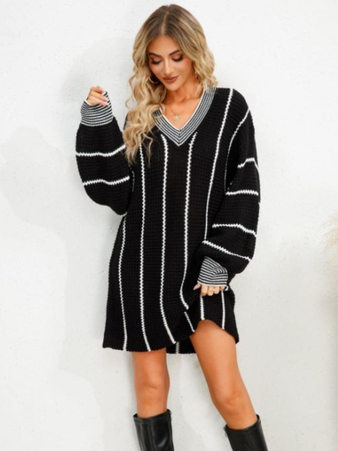 Striped V-Neck Long Sleeve Mini Dress 