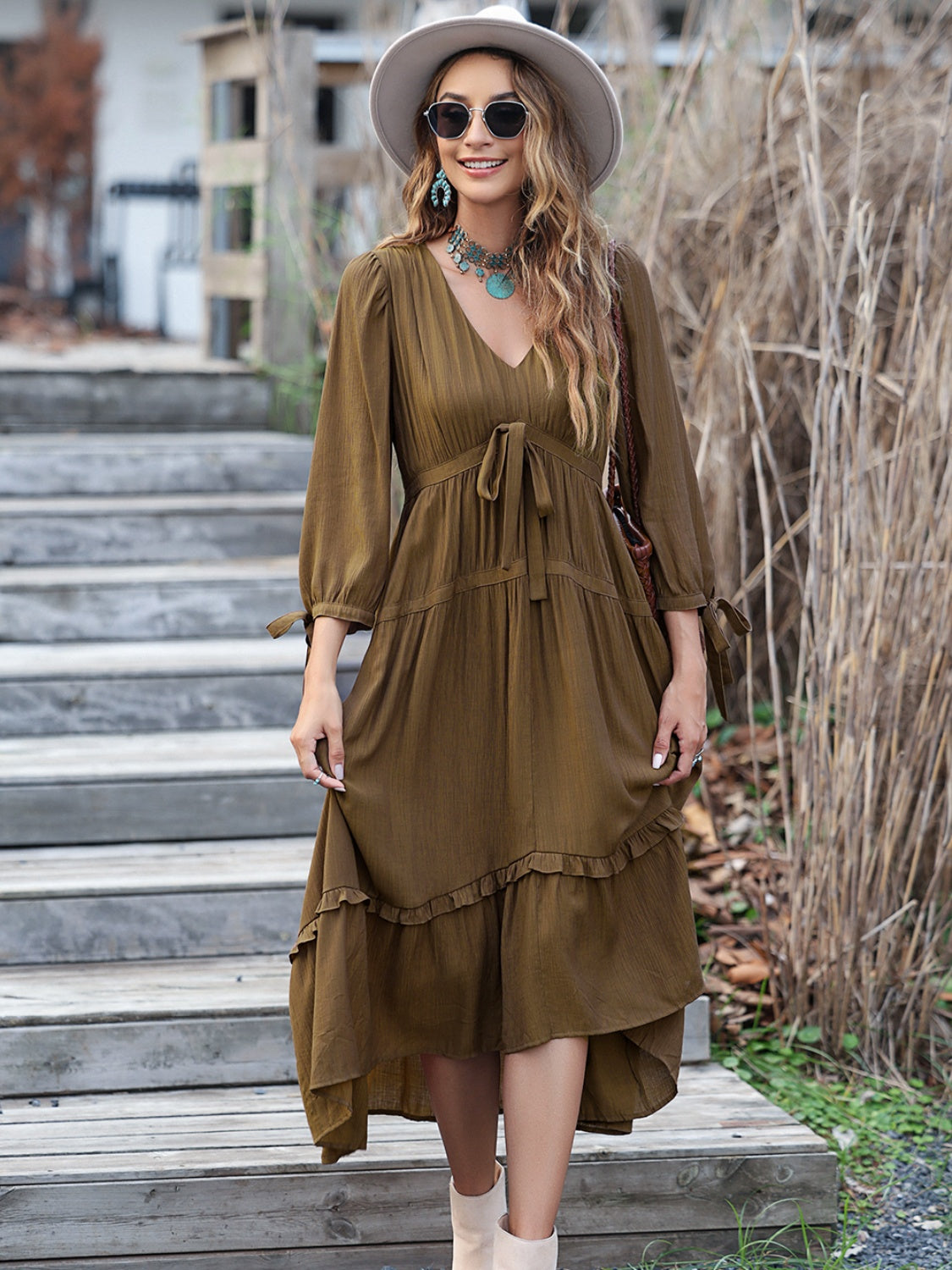 Ruched Frill Long Sleeve Tiered Dress 