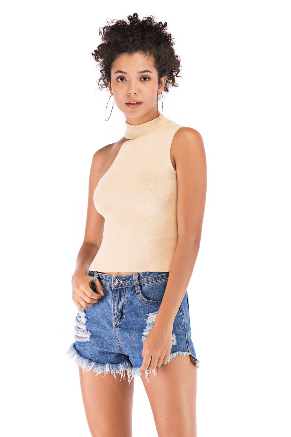 Asymmetrical Sleeveless Rib-Knit Top 