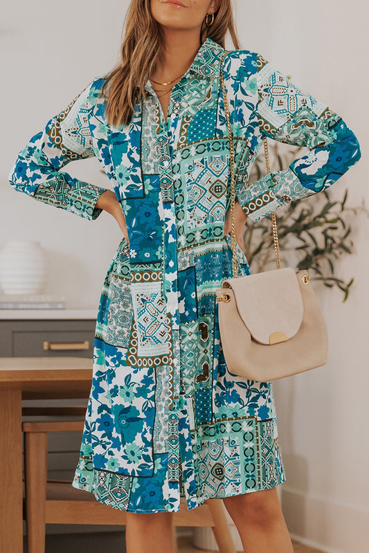 Printed Button Up Long Sleeve Shirt Dress - Babbazon Midi Dress