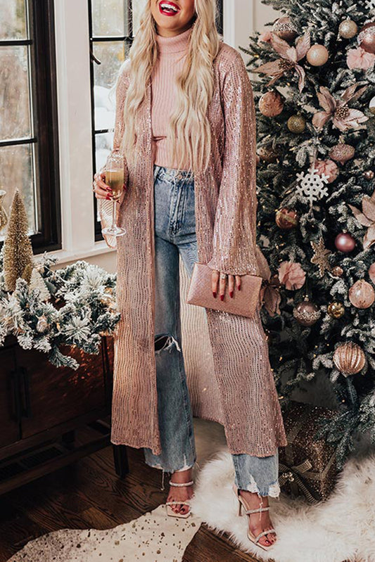 Sequin Open Front Long Sleeve Cardigan - Babbazon womens coat