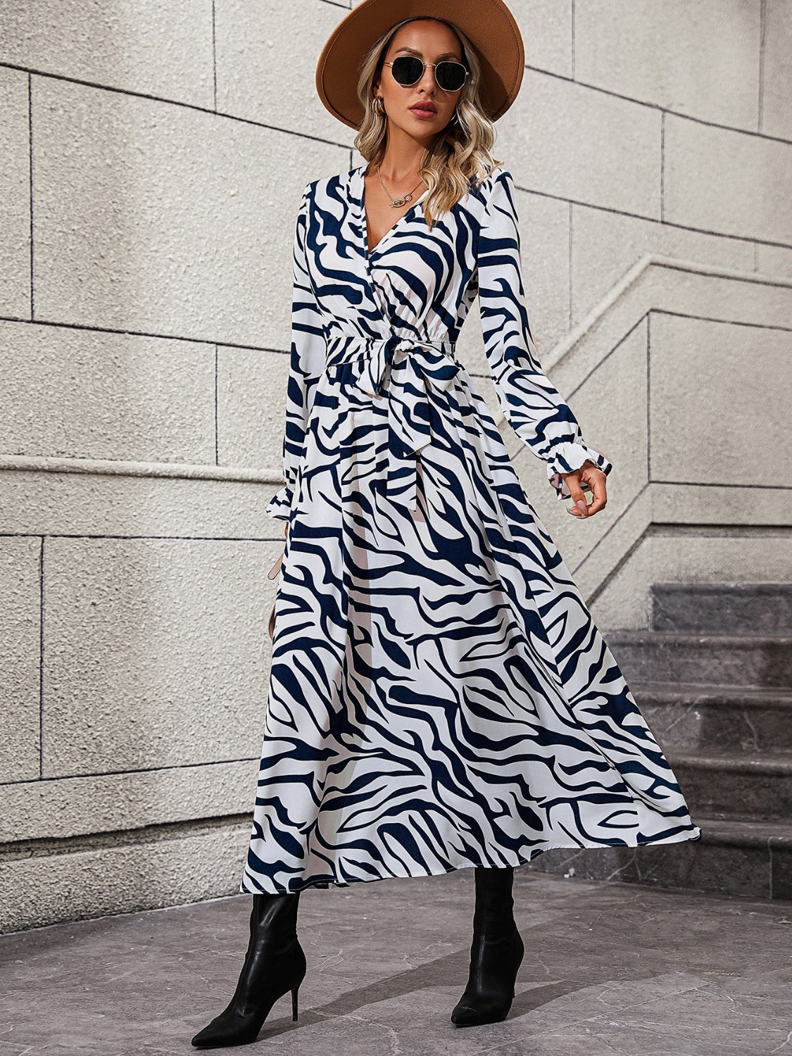 Flounce Sleeve Tie Waist Dress 