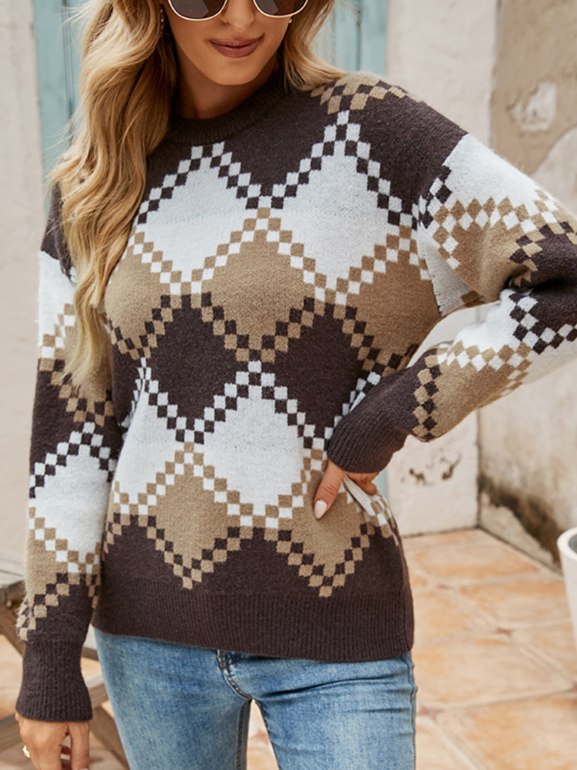 Plaid Round Neck Dropper Shoulder Sweater 