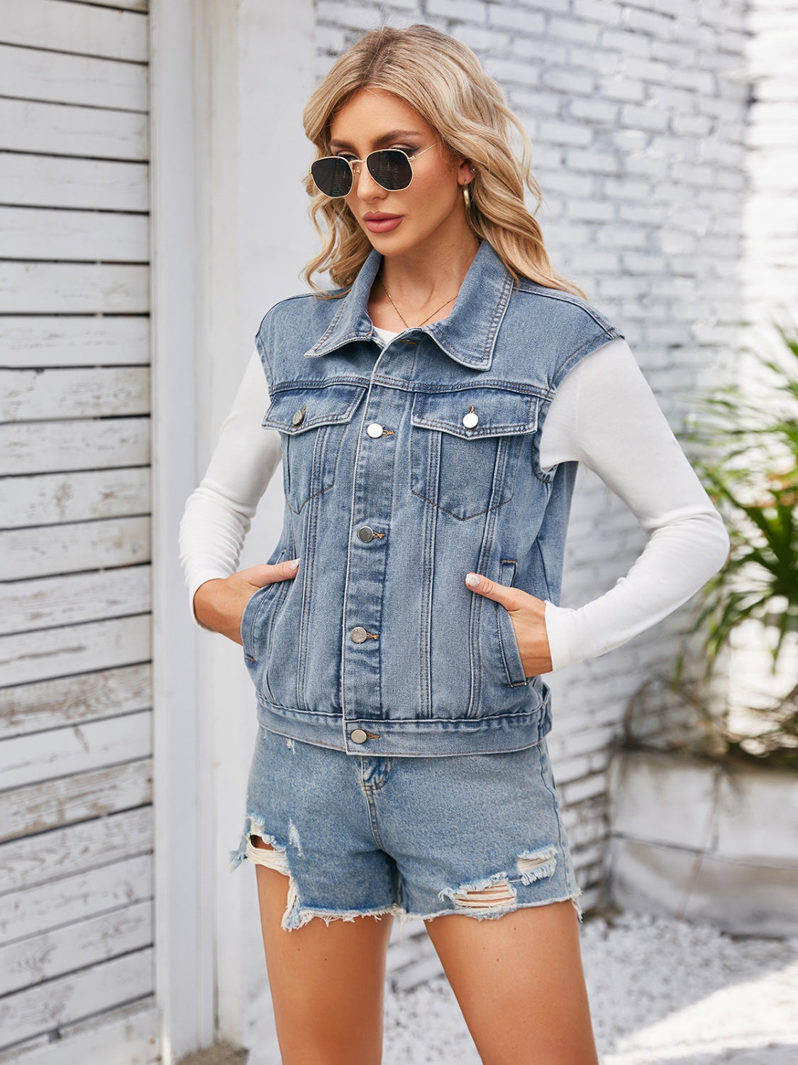 Button Up Cap Sleeve Denim Jacket 