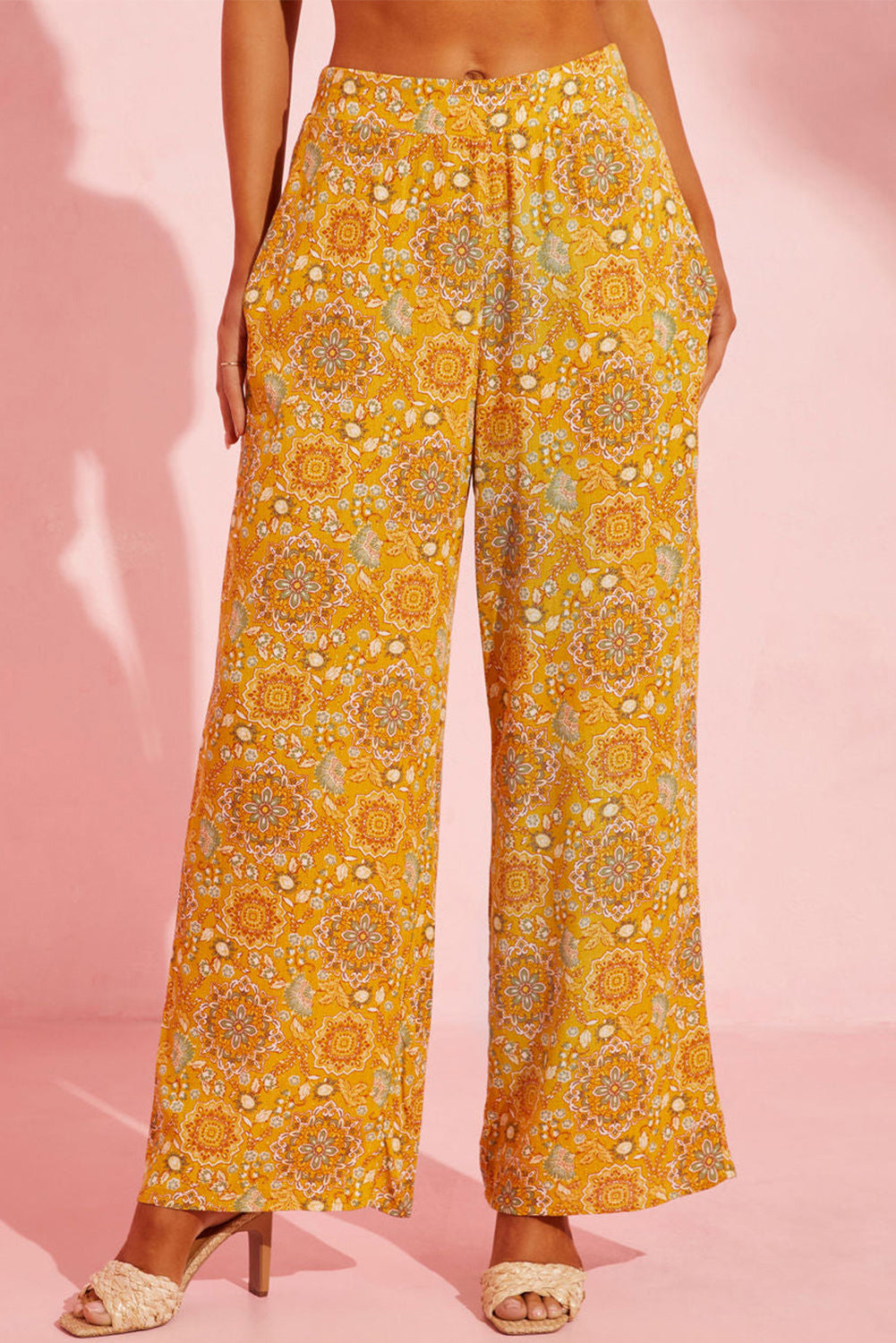 Pocketed Floral Wide Leg Pants - Babbazon