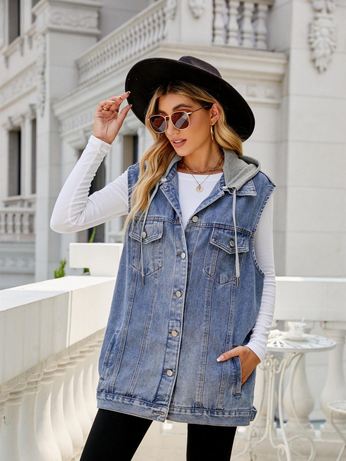 Drawstring Pocketed Button Up Sleeveless Denim Jacket 