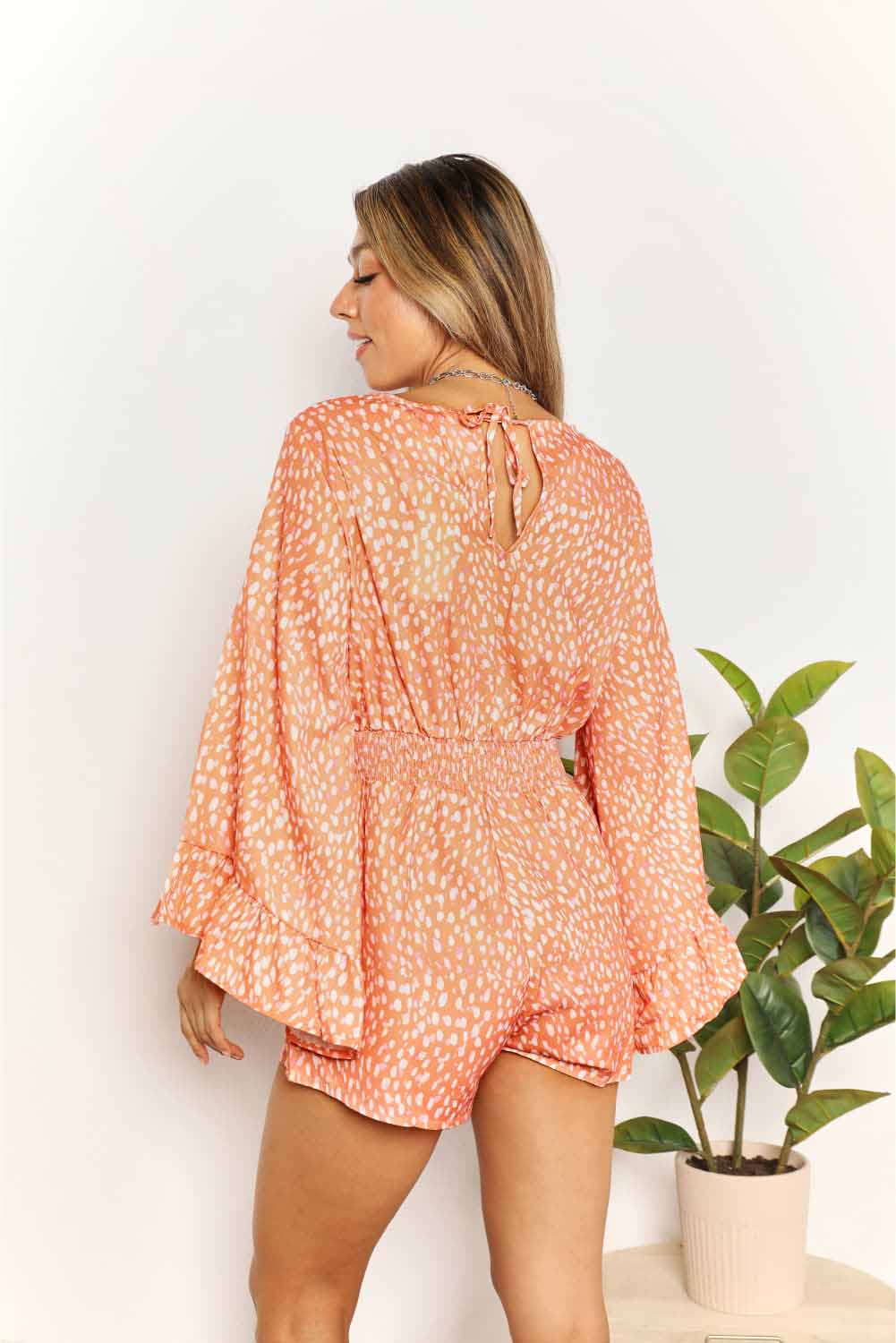 Double Take Printed Flare Sleeve Surplice Romper 