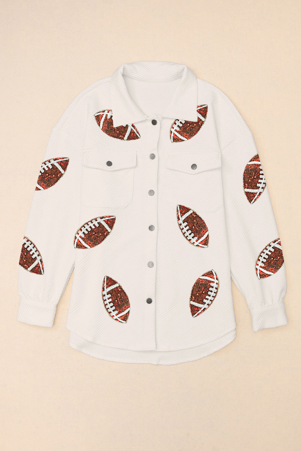 Sequin Football Patch Collared Neck Snap Button Jacket 