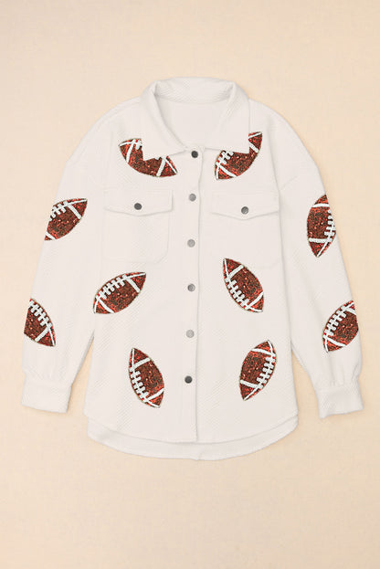 Sequin Football Patch Collared Neck Snap Button Jacket 