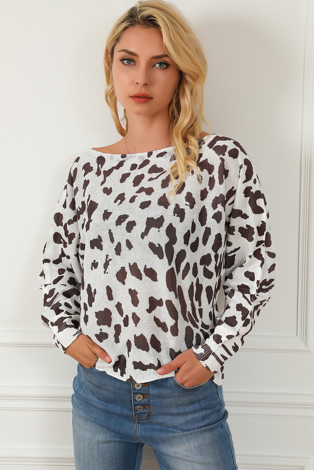 Leopard Boat Neck Long Sleeve Sweater 