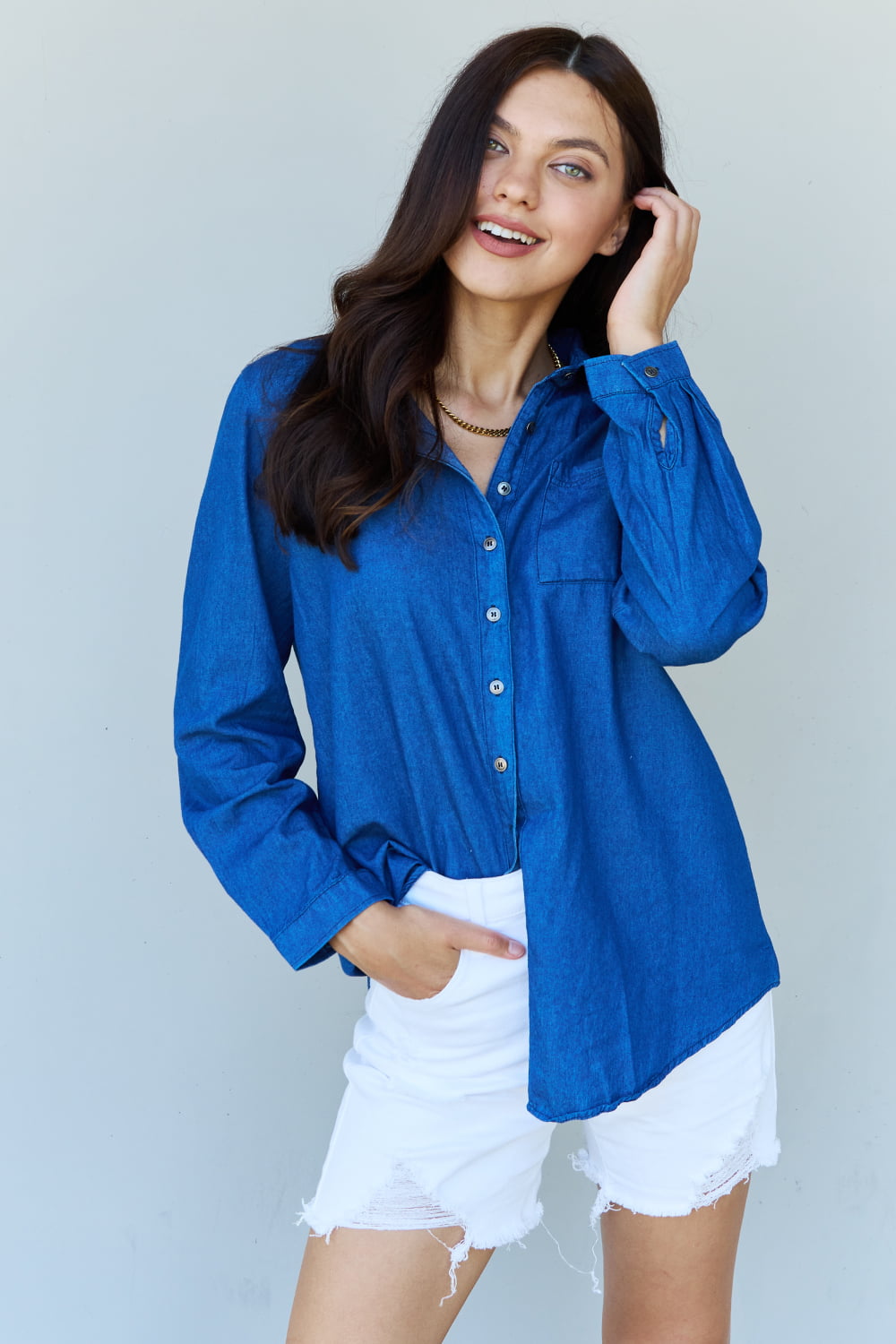 Doublju Blue Jean Baby Denim Button Down Shirt Top in Dark Blue 