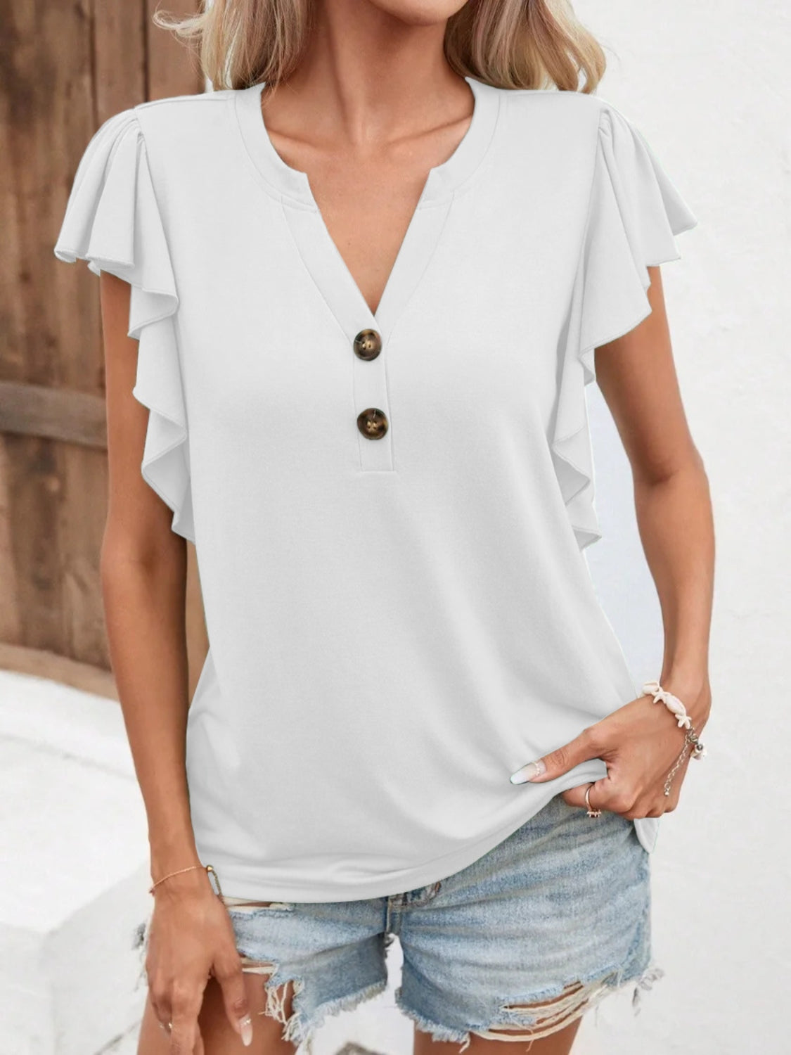 Notched Cap Sleeve T-Shirt 