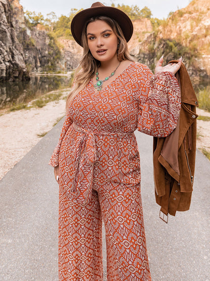 Plus Size Printed V-Neck Tie Front Balloon Sleeve Jumpsuit 