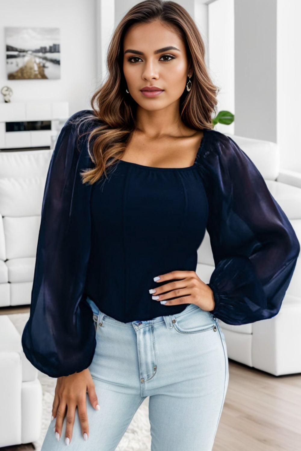 Square Neck Balloon Sleeve Blouse 