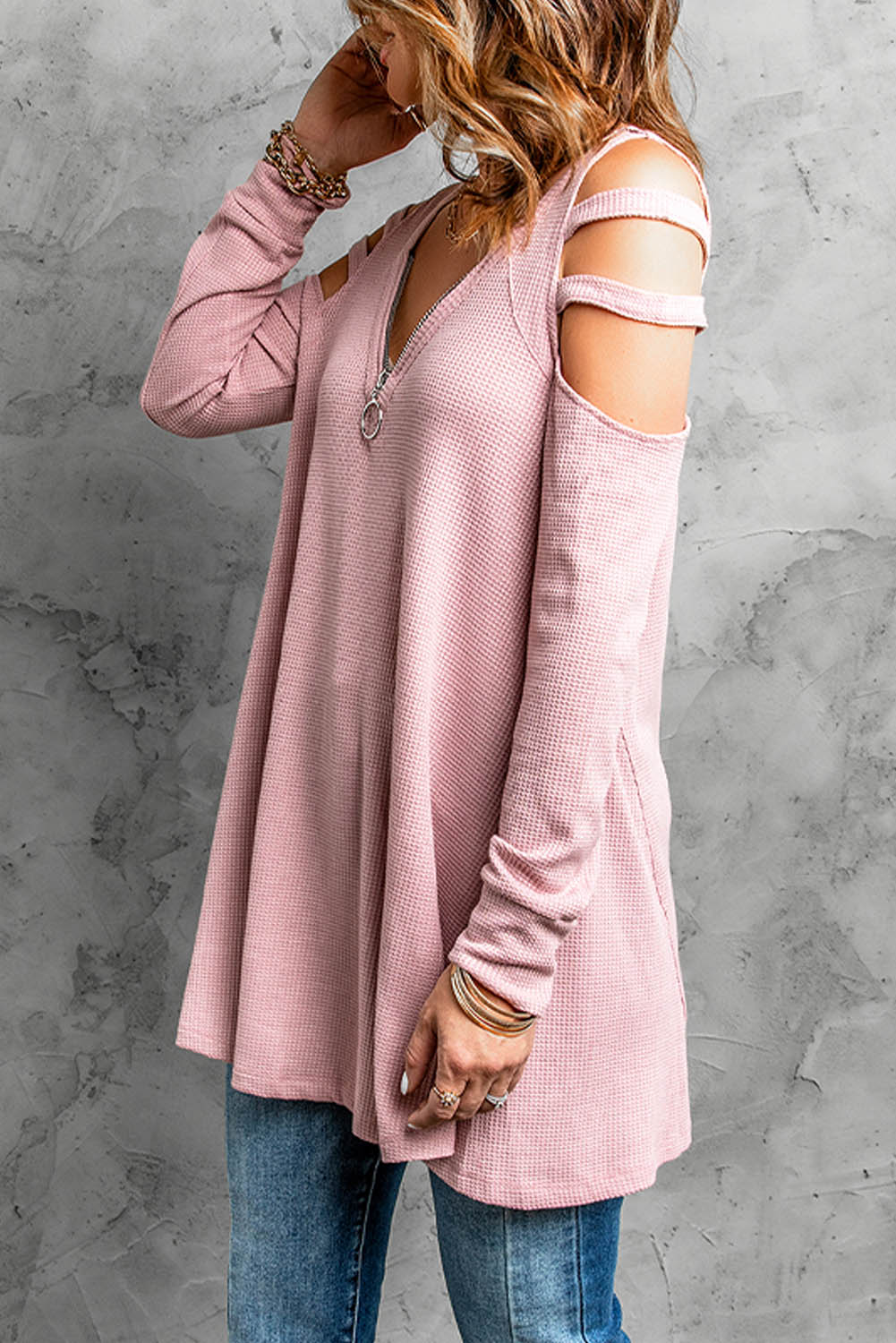 Cutout Waffle Knit Tunic Top 