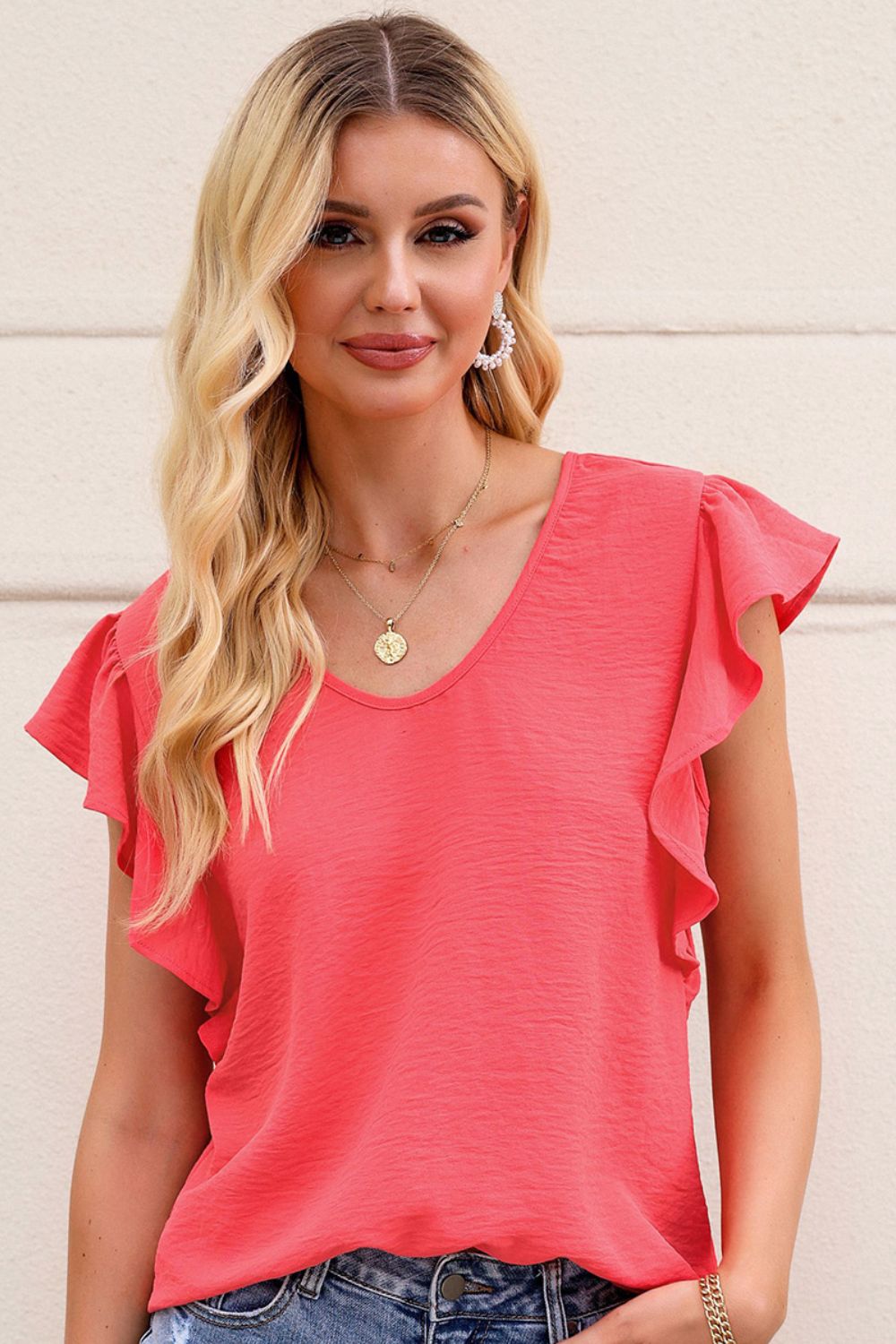 V-Neck Tied Flutter Sleeve Blouse - Babbazon blouse