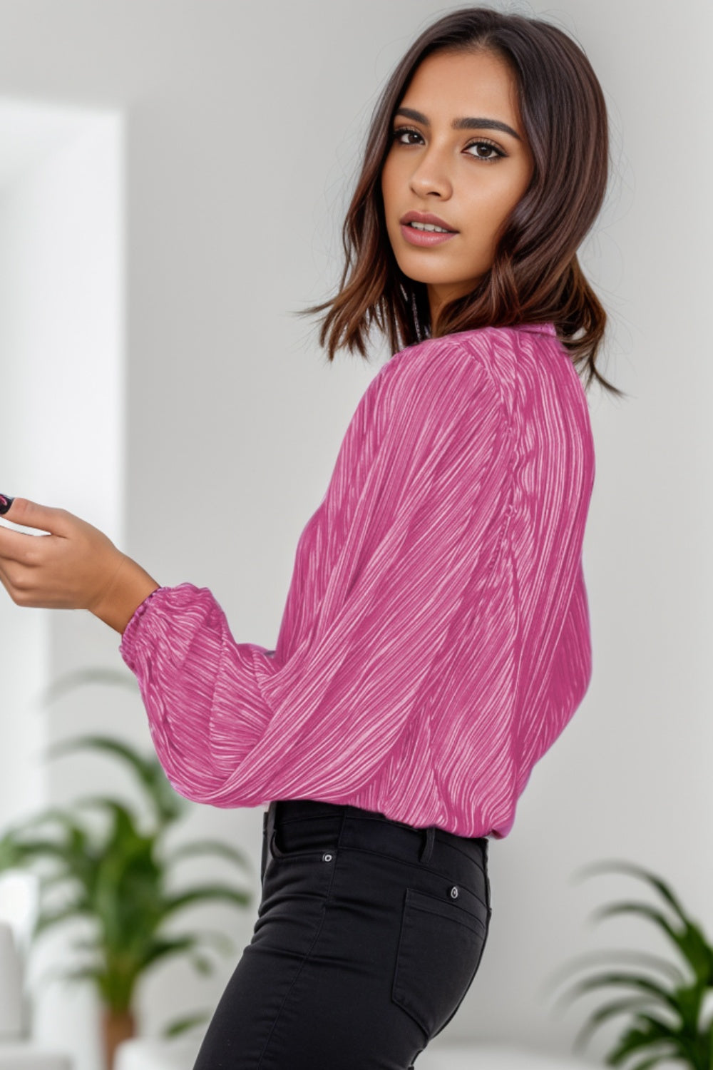 Round Neck Balloon Sleeve Blouse 