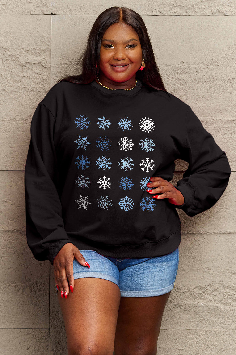 Simply Love Full Size Snowflakes Round Neck Sweatshirt 