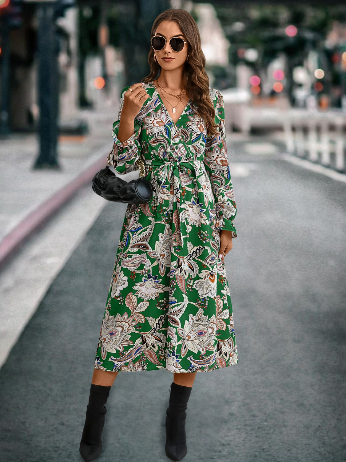 Printed Tie Front Surplice Flounce Sleeve Dress 