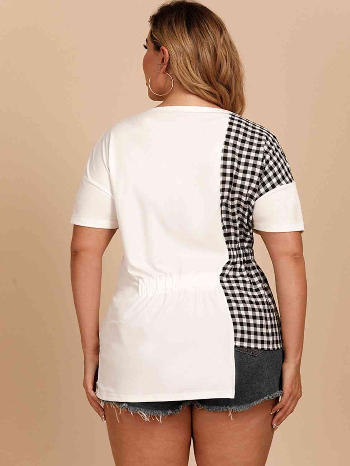 Plus Size Gingham Color Block Asymmetrical T-Shirt 