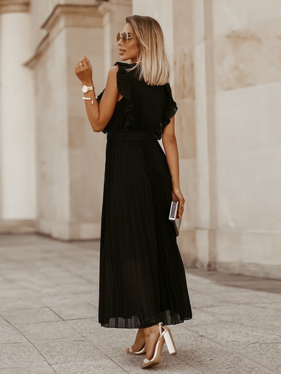 Tied Surplice Cap Sleeve Pleated Dress