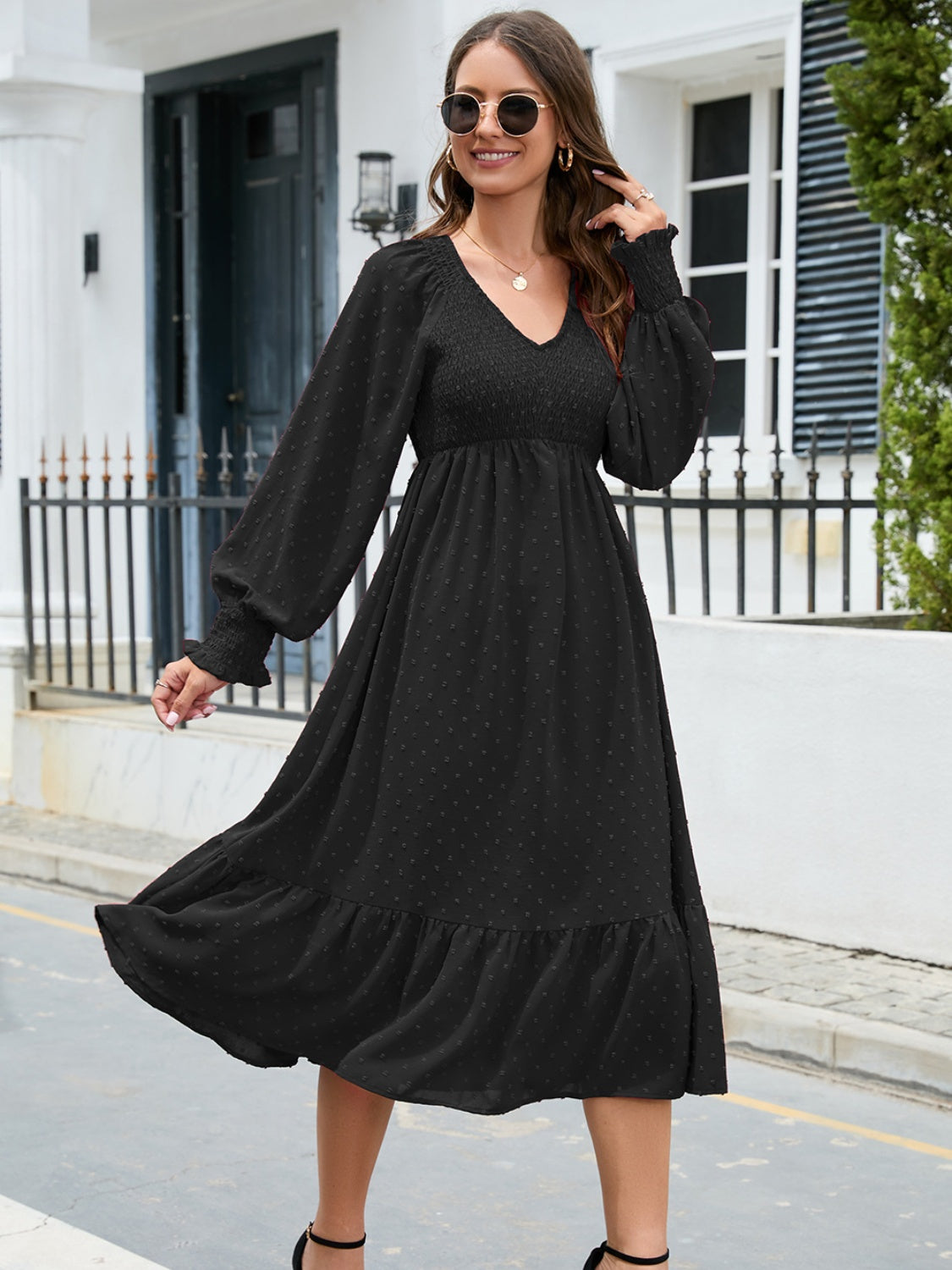 Swiss Dot V-Neck Smocked Lantern Sleeve Ruffle Hem Dress - Babbazon Midi Dress