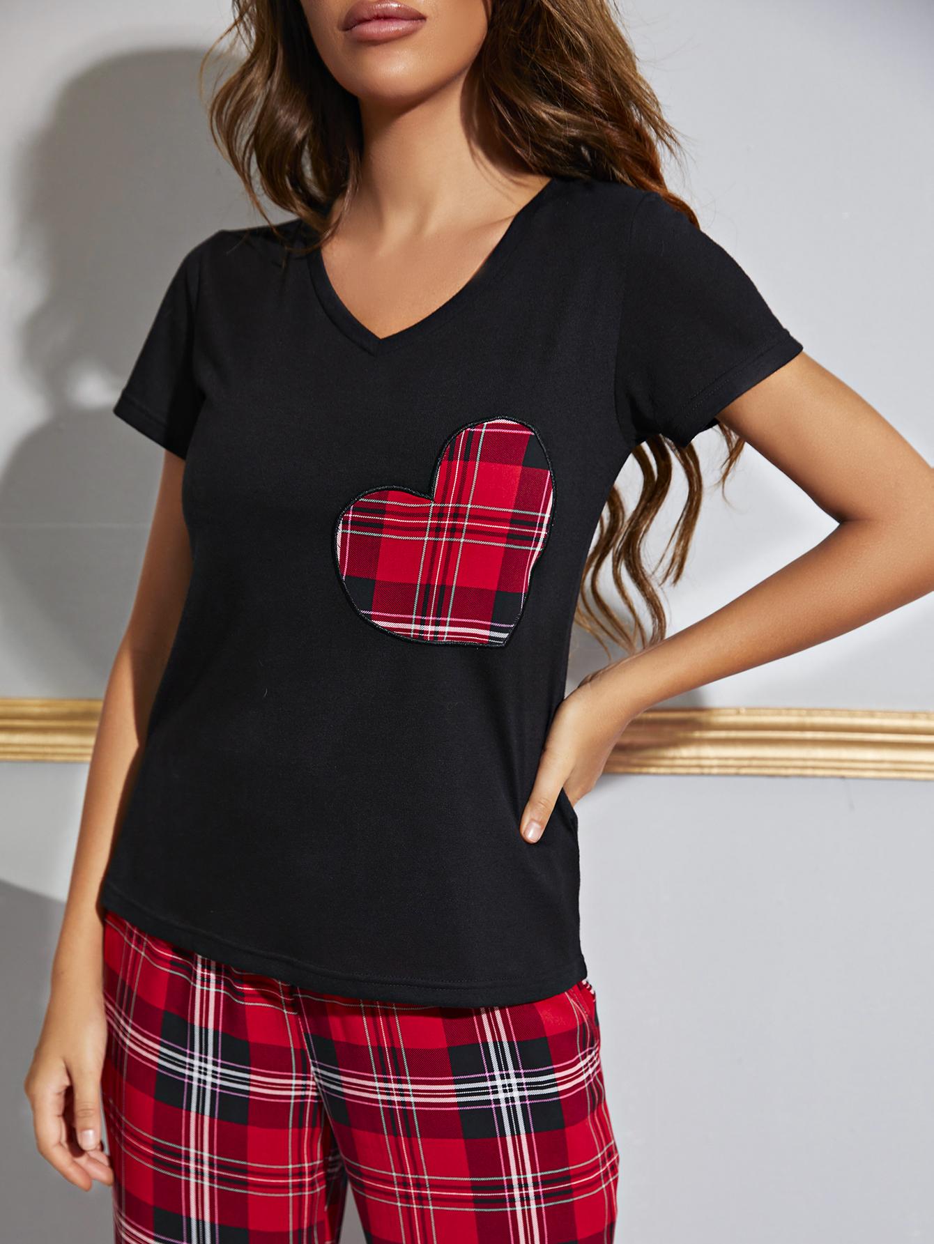 Heart Graphic V-Neck Top and Plaid Pants Lounge Set 