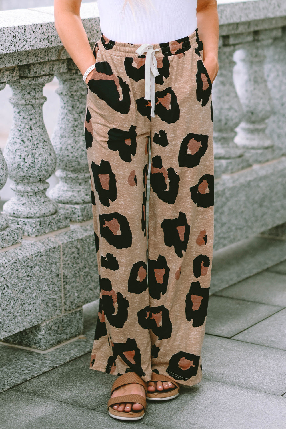 Leopard Drawstring Wide Leg Pants with Pockets 