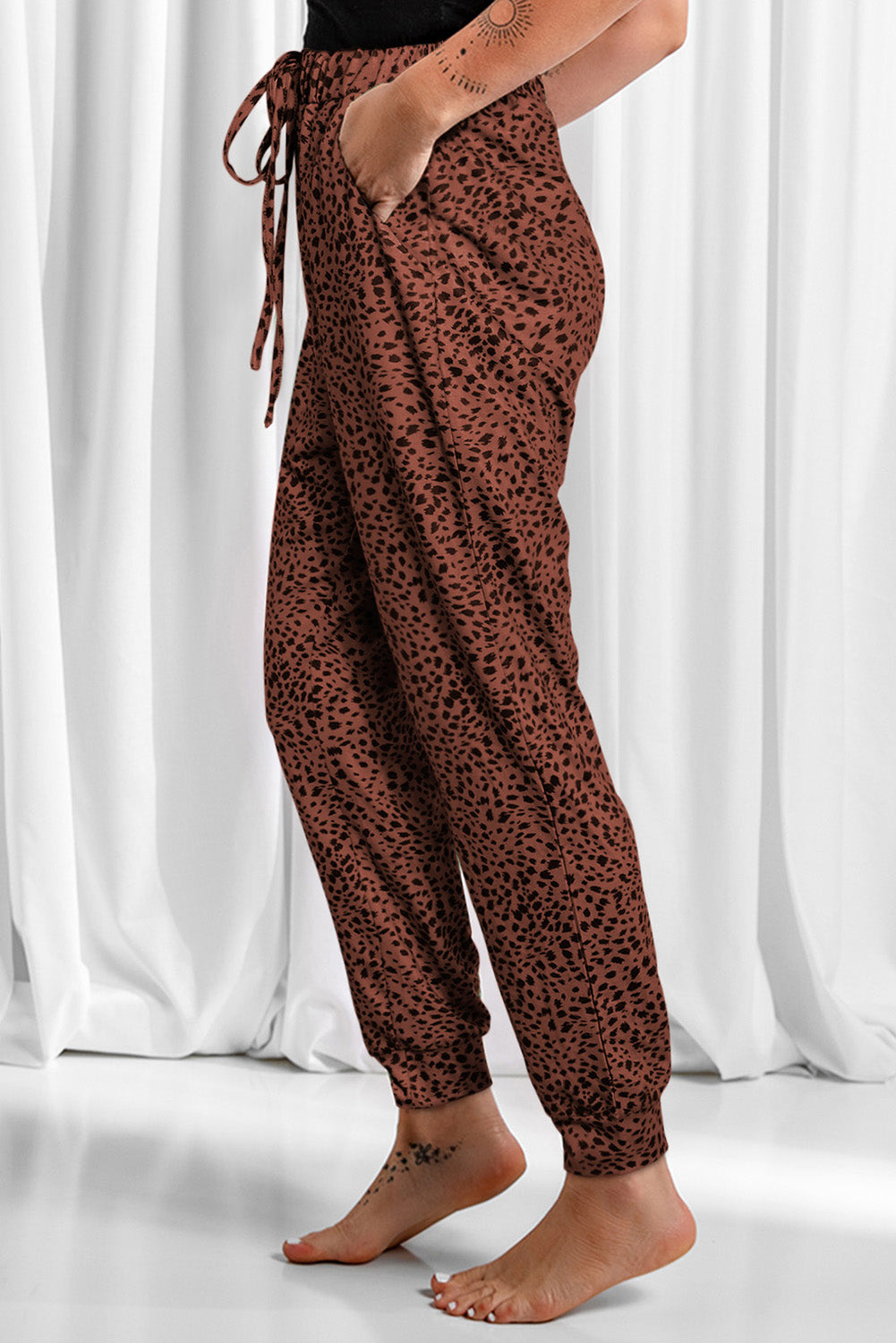 Full Size Leopard Drawstring Pocketed Pants 