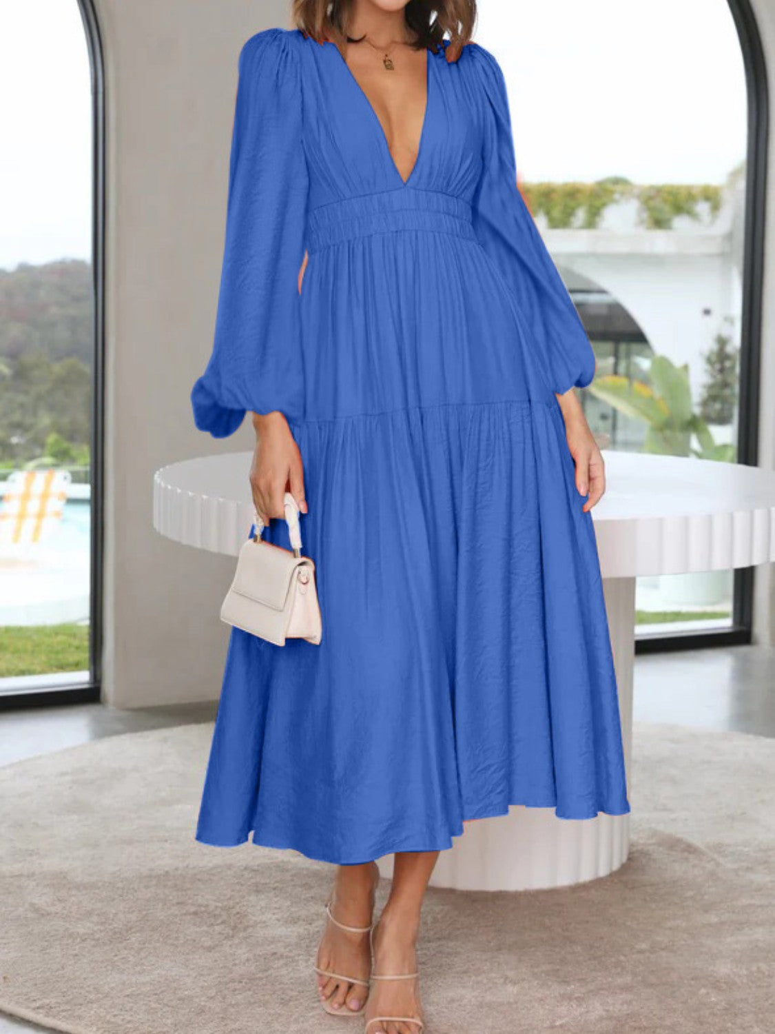 Deep V-Neck Balloon Sleeve Plain Maxi Dress - Babbazon Midi Dress